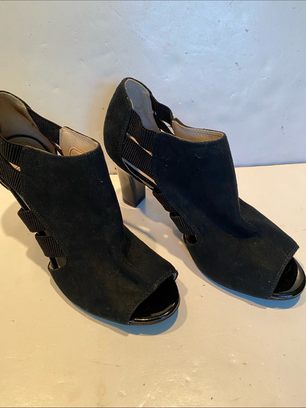 NWOT Life Stride Black Suede Peep-Toe Cutout Ankle Bootie Heels